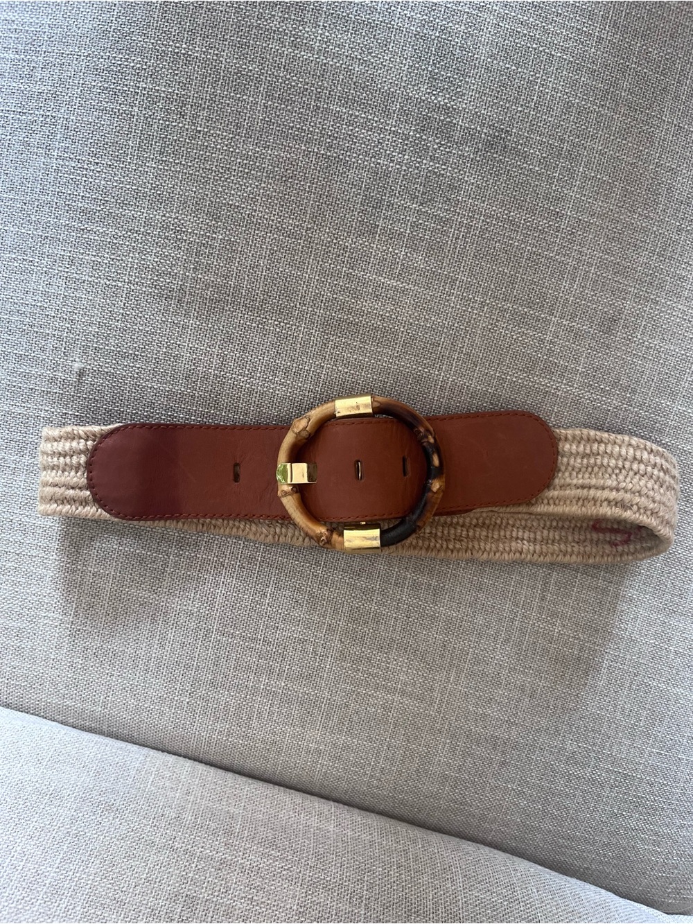 Woven Beige and Brown Waist Belt with Tortoiseshell Ring